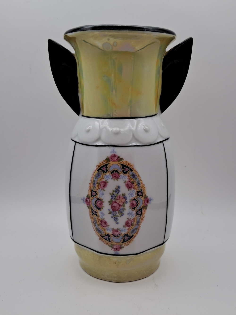 Porcelain Decorative Vase with Floral Medallion - White, Gold and Black Accents